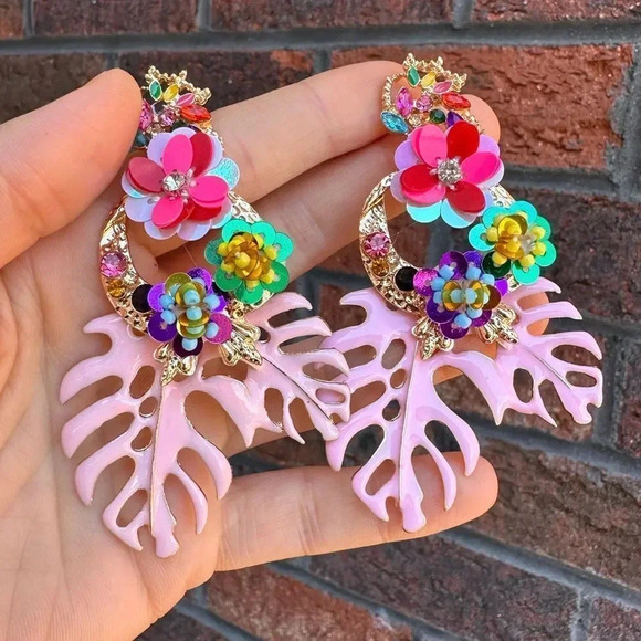 Zara  Rio Monstera Pink Leaf Earrings - Picture 4 of 14